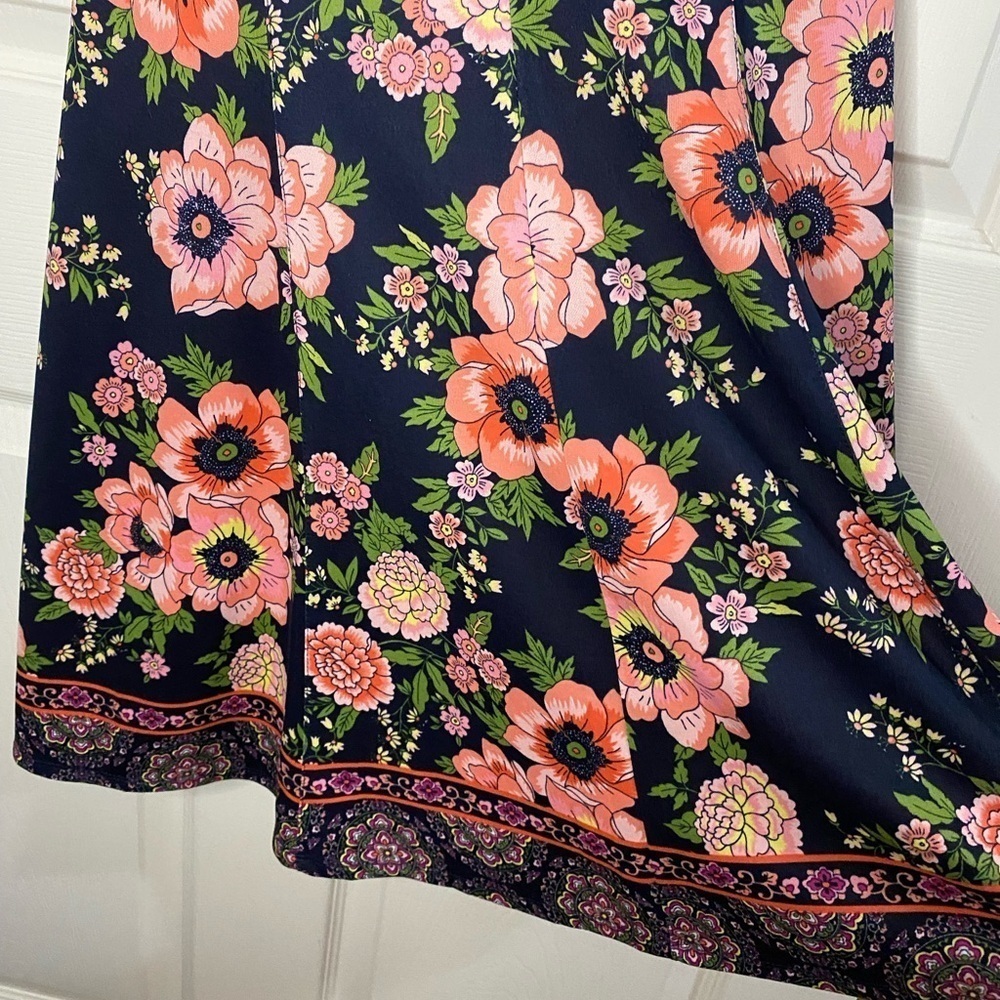 Liz Claiborne Navy Blue and Pink Floral Bohemian Midi Dress, Wedding Guest - Picture 5 of 7